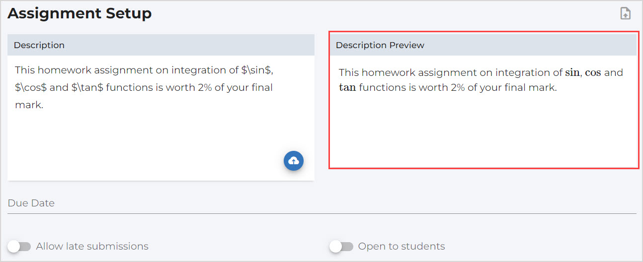 Under Assignment Setup heading, the Description Preview field is highlighted with a preview of the description of the assessment.